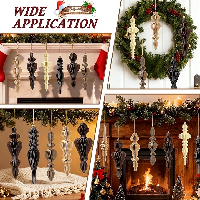 12Pcs Christmas Honeycomb Ornaments for Tree, 3D Paper Honeycomb Hanging Decorations Vintage Finial Christmas Ornaments Lanterns for Xmas Tree New Year Holiday Party Home Decor, Brown Khaki Beige