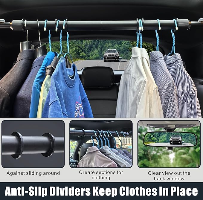Heavy Duty Telescopic Car Clothes Hanger Bar - Adjustable 30''-66'' Garment Rack Travel Closet Hanging Rod for Vehicle Truck SUV RVs Extendable Metal Pole for Automobile Clothing Organizers & Storage
