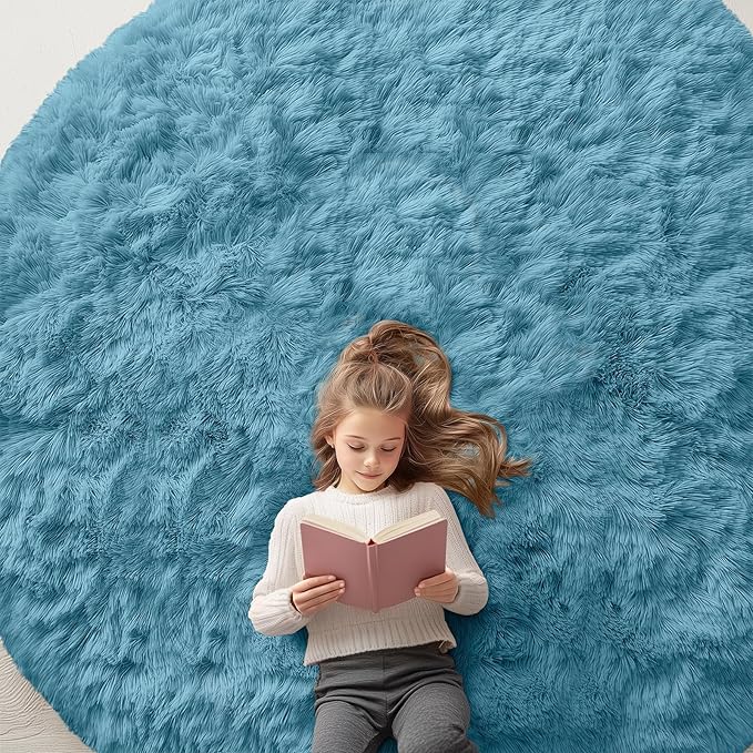 OLANLY Slate Blue Round Rugs for Bedroom - Machine Washable, 6 ft Circle Area Rugs for Living Room, Soft and Fluffy Shaggy Carpet for Teen Girl and Boys, Nursery Rooms, Dorms, Home Decor Aesthetic