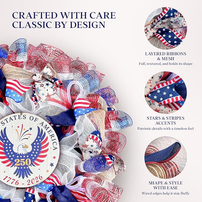 250th Anniversary Patriotic Wreaths for Front Door, 24 Inch Large 4th of July Wreath with Removable 1776-2026 Eagle Door Sign, Handcrafted Memorial Day Decorations with Light &Storage Bag