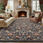 GarveeHome Brown Vintage Floral Washable 8x10 Area Rugs for Living Room Black Boho Botanical Retro Rug Low Pile Stain Resistance Non Slip Carpet for Bedroom Nursery Dining Room