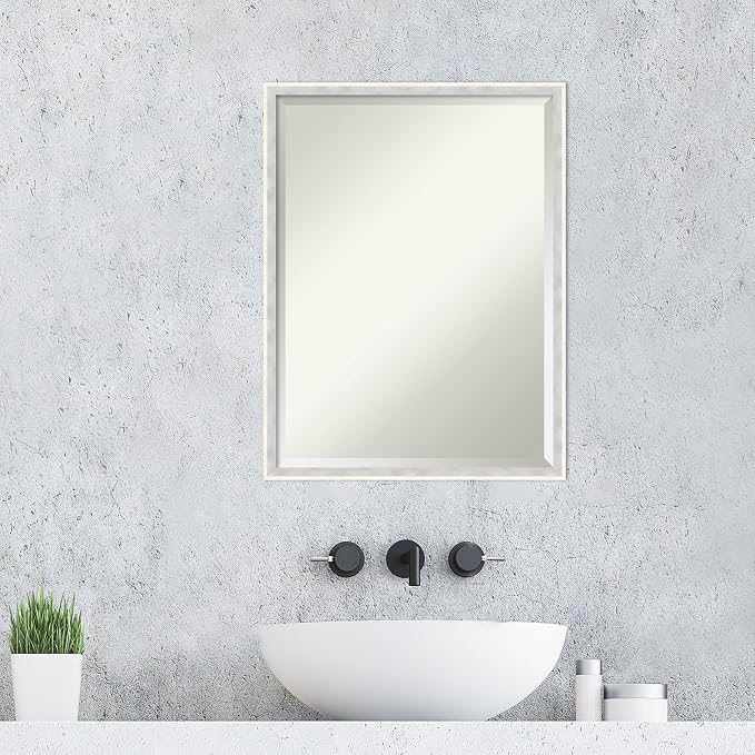 Amanti Art White Wall Mirror 25x19 Paige White Silver Rectangle Bathroom Mirror for Wall Decor Living Room, Medium Modern Wood Frame, Hangs Horizonally and Vertically, Bathroom Decor, Beveled Edge