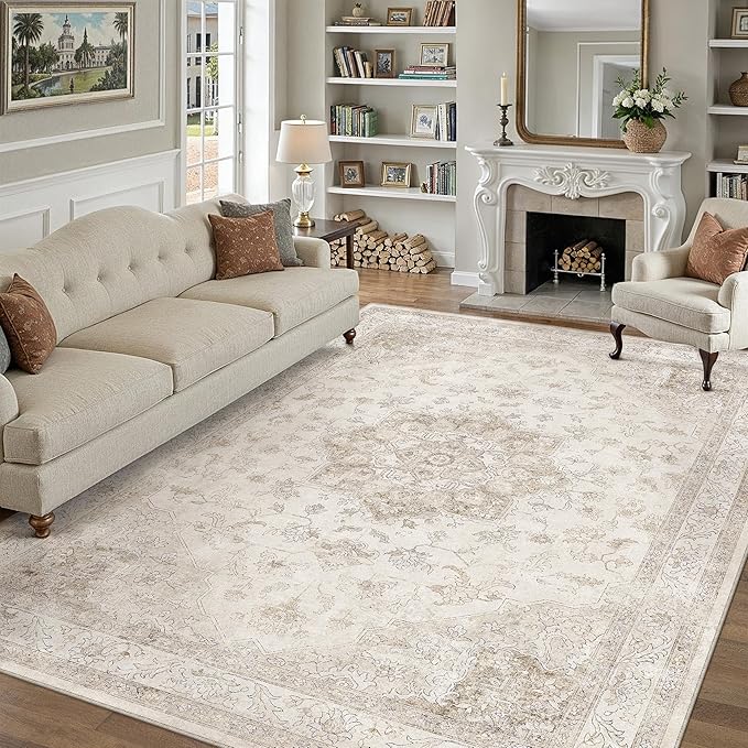 Beige Area Rug 6x9 Washable Vintage Carpet for Living Room Bedroom Large Soft Retro Low Pile Thin Indoor Rug Non Slip Oriental Medallion Floor Cover for Dining Room Office