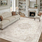 Beige Area Rug 6x9 Washable Vintage Carpet for Living Room Bedroom Large Soft Retro Low Pile Thin Indoor Rug Non Slip Oriental Medallion Floor Cover for Dining Room Office