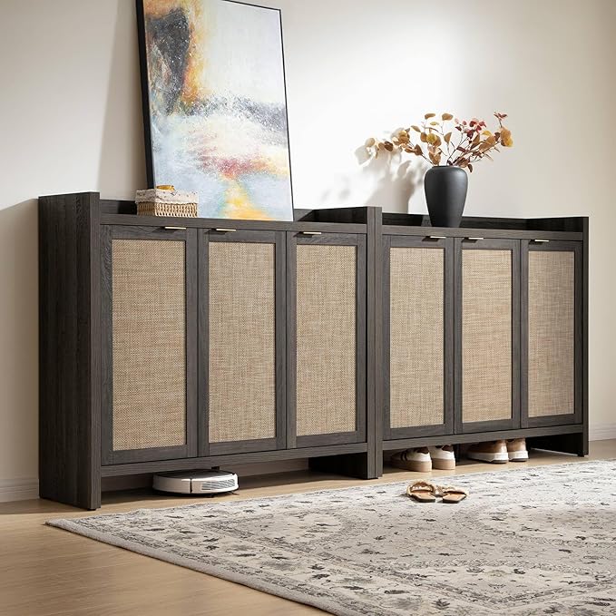 SICOTAS Shoe Storage Cabinet, 30 Pairs Rattan Shoe Cabinet Storage for Entryway, 6-Tier 41" Tall Large Shoe Cabinet, Boho Farmhouse Cabinet with Doors for Entryway Hallway Living Room, Black Oak