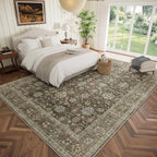 Washable 9x12 Area Rugs for Living Room, Boho Non-Slip Vintage Distress Lager Rugs for Bedroom Dining Room Nursery Office, 0.3" Neutral Oriental Throw Thin Carpet, Tan/Flaxen/Multi