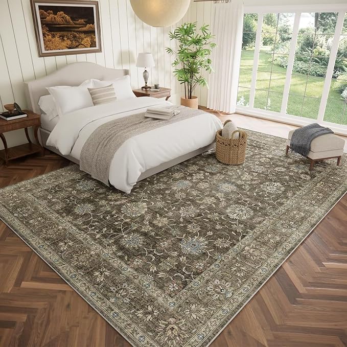 Washable 9x12 Area Rugs for Living Room, Boho Non-Slip Vintage Distress Lager Rugs for Bedroom Dining Room Nursery Office, 0.3" Neutral Oriental Throw Thin Carpet, Tan/Flaxen/Multi