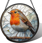 Stained Glass Window Hanging - Orange Grey Robin Sun Catcher for Door Garden Home Decor Bird Lovers Suncatcher Christmas Mother's Day Birthday Gifts for Women Men Mom Nana 7.8 in