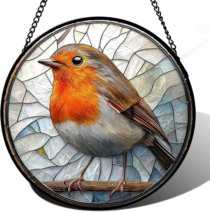 Stained Glass Window Hanging - Orange Grey Robin Sun Catcher for Door Garden Home Decor Bird Lovers Suncatcher Christmas Mother's Day Birthday Gifts for Women Men Mom Nana 15 in