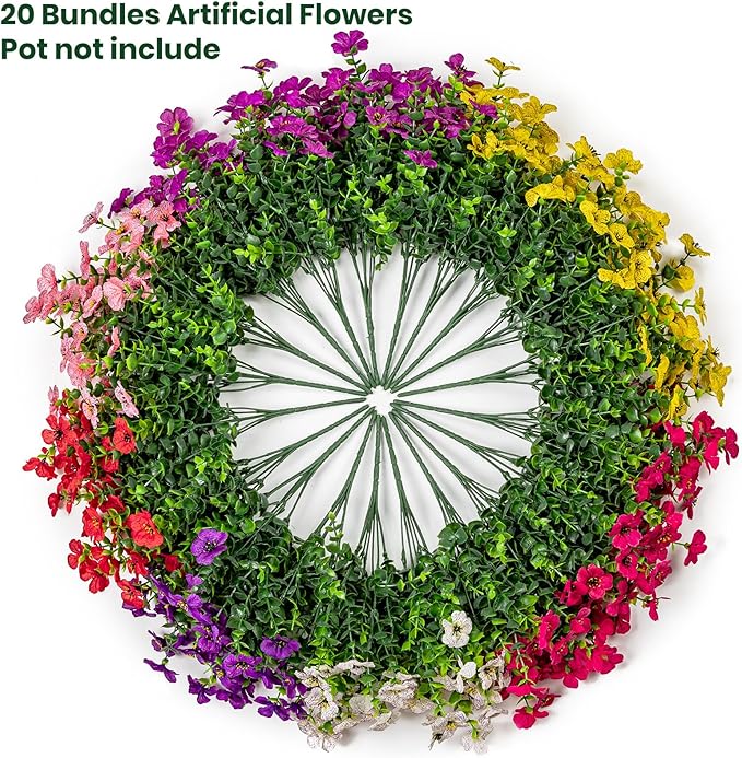 Lnoicy 20 Bundles Artificial Flowers for Outdoor Fake Plants for Spring Decoration,Faux Eucalyptus Flowers for Planter UV Resistant Lifelike for Home Porch Garden（7 Color）