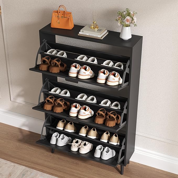 Shoe Cabinet for Entryway with 3 Flip Drawers, Slim Wooden Shoe Storage Organizer with Modern Fluted Pannel，Freestanding Narrow Hidden Shoe Rack for Hallway, Foyer, Living Room