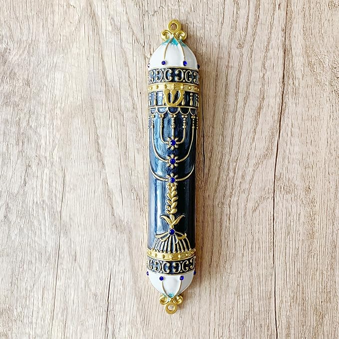 9 Inches Mezuzah, Exquisite Black and Gold Enamel Mezuzah with Blue Crystal Accent