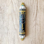 9 Inches Mezuzah, Exquisite Black and Gold Enamel Mezuzah with Blue Crystal Accent