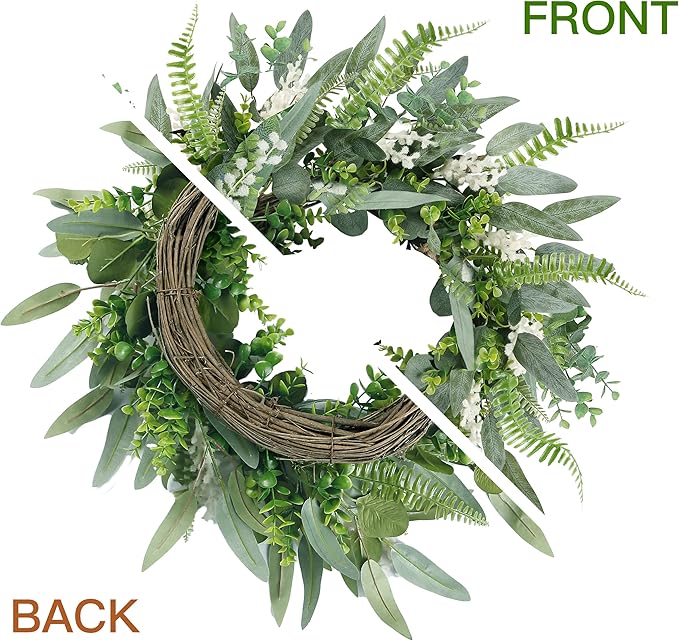 Sggvecsy Green Artificial Eucalyptus Wreath with Welcome Sign 20in Mixed White Berries Spring Summer Wreath for Front Door Wall Window Farmhouse Festival Porch Patio Garden Decor