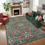 GarveeHome Green Vintage Floral Washable Rugs 8x10 for Living Room Boho Botanical Retro Rug Low Pile Stain Resistance Non Slip Carpet for Bedroom Nursery Dining Room