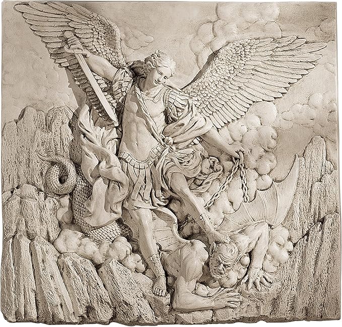 Design Toscano Michael the Archangel Slaying Demon Indoor/Outdoor Wall Frieze Sculpture, 22 inches wide, Cast Stone Resin, Antique Stone Finish
