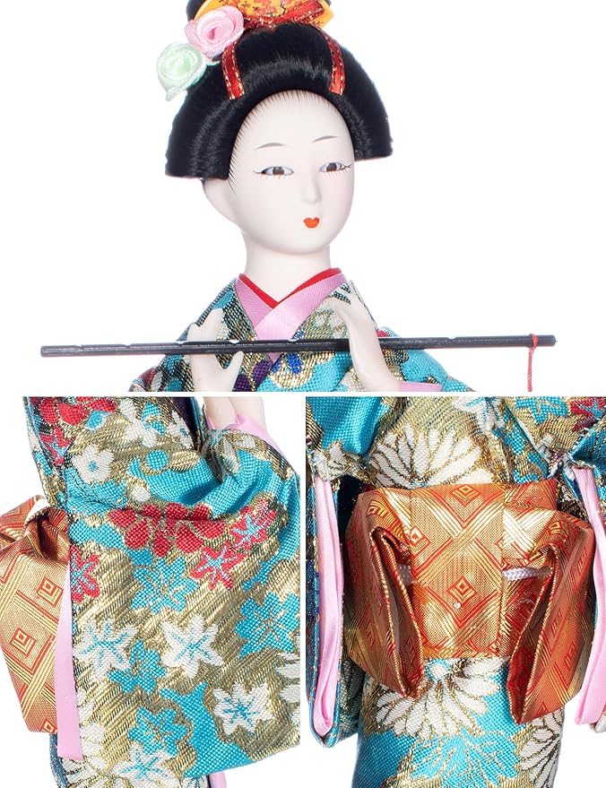 ALAMIYA Home Decoration Asian Japanese Geisha Kimono Doll Collectible Figurine Gift with Paper Fan