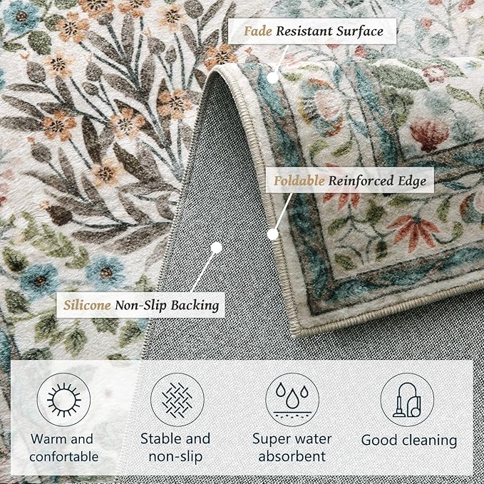 9x12 Washable Area Rug, Soft Non Slip Low Pile Rug for Living Room, Bedroom, Large Dining Room, Vintage Floral Design, Stain Resistant Carpet
