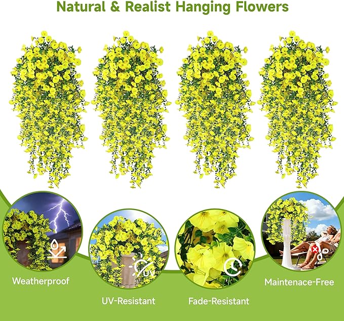 Artificial Hanging Flowers for Outdoors, 4 PCS UV Resistant Faux Plants Silk Realistic 150 Morning Glory Each Vines, Fake Plastic Floral for Garden Patio Spring Summer Decor, Yellow