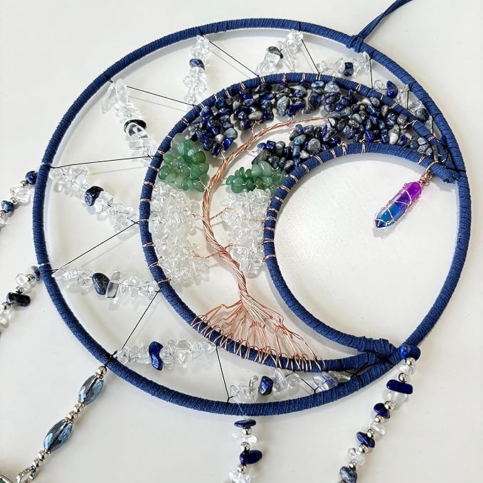 Tree of Life Dream Catchers, Handmade Woven Rainbow Healing Crystal Stone Dream Catcher Wall Hanging Ornament for Bedroom Living Room Wedding Party Decor, Festival Blessing Gift (Blue Moon)