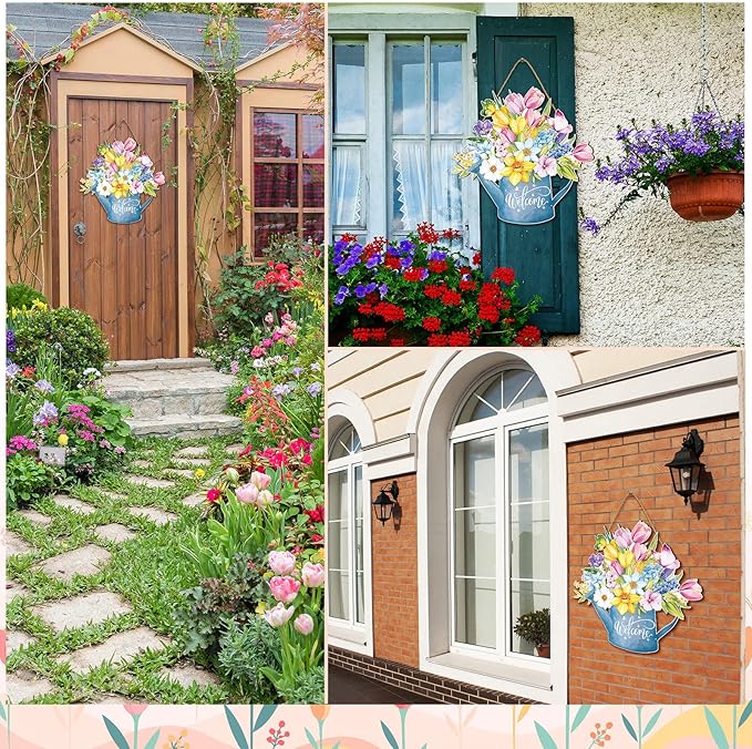 Juexica Spring Decorations for Home Spring Wreaths for Front Door Welcome Sign Flowers Door Hanger Decorations Rustic Flower Wall Decor Easter Party Outdoor Indoor Home Decor