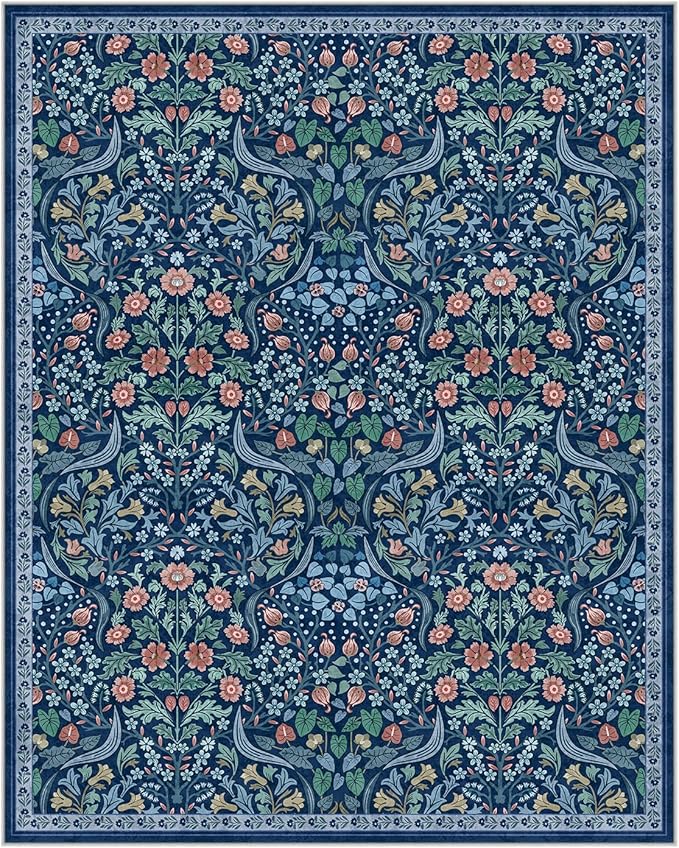 Moynesa Floral Washable 8x10 Rug, Large Area Rugs for Living Room, Soft 8 x 10 Boho Bedroom Rugs, Non Slip Botanical Ultra Thin Floor Carpet for Dining Room Nursery, Blue
