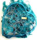 OMA Dream Catcher - Hand Made Turquoise Blue Feather Dream Catcher Heart Shaped with Crystal Beads - 7" Diameter & 24" Long - OMA Federal (TM) Brand