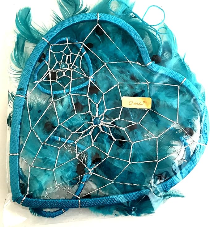 OMA Dream Catcher - Hand Made Turquoise Blue Feather Dream Catcher Heart Shaped with Crystal Beads - 7" Diameter & 24" Long - OMA Federal (TM) Brand