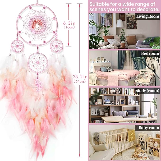 Large Dream Catchers,Crystal Life Tree,Dream Catcher for Girls,Sun Catcher,Dream Catchers for Adults,Boho Bedroom Decor,Handmade Feather Wall Decor Hanging Ornament,Hippie Gifts (Pink)
