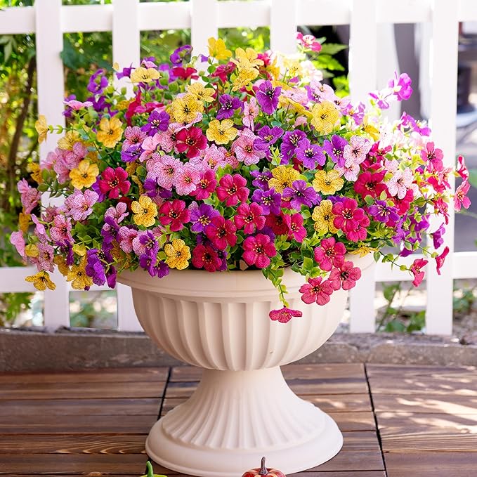 Artificial Fake Flowers Plants for Outdoors Spring Summer Decor,16 Bundles Faux Plant Flowers Silk Daisy UV Resistant for Outside Planter Front Porch Patio Yard Garden Home(Pink,Purple,Yellow,Fuchsia)