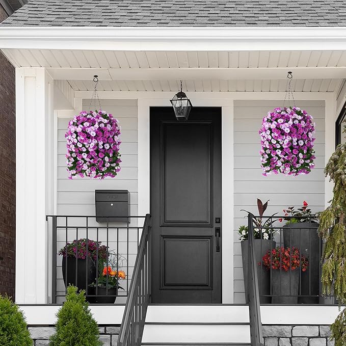 HyeFlora Artificial Fake Hanging Flowers Plants for Outdoor Outside, 2PCS Faux Silk Morning Glory Trailing Vines UV Resistant Look Real for Home Planter Porch Patio (Light Fuchsia+Fuchsia)