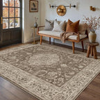 5x7 Area Rug Brown Washable Living Room Vintage Carpet Bedroom Distressed Non Slip Low Pile Thin Dining Room Office Medallion Accent Throw Rug