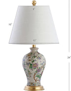 JONATHAN Y 24" Multi-Colored/Gold French Country Ceramic Floral Urn Table Lamp, White Linen Shade, Chinoiserie Ginger Jar Bedside Lamp for Living Room Bedroom, LED Bulb JYL3009A