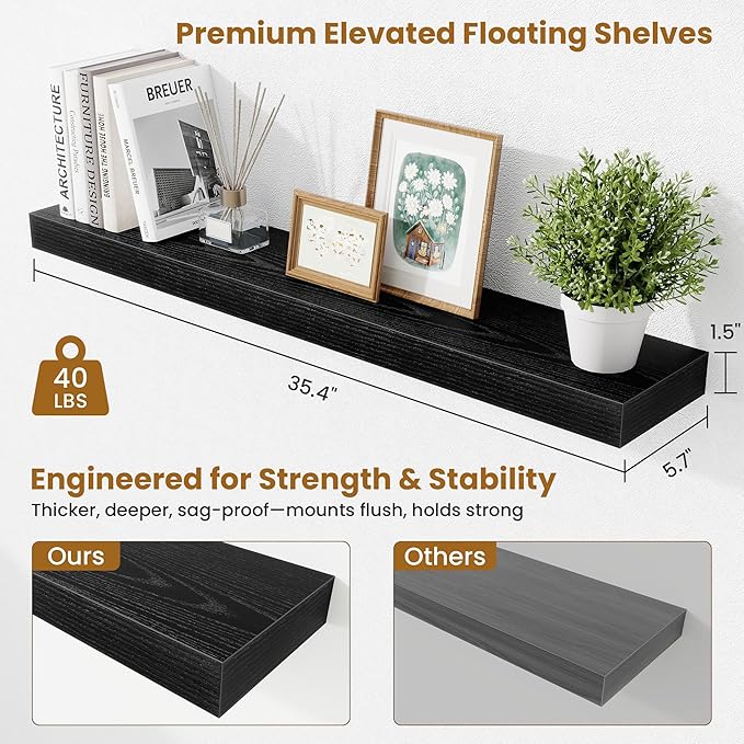 Fun Memories Floating Shelves for Room Wall, 36 Inch Long Shelf Set of 2， Hanging Wood Shelves for Storage & Display, Black