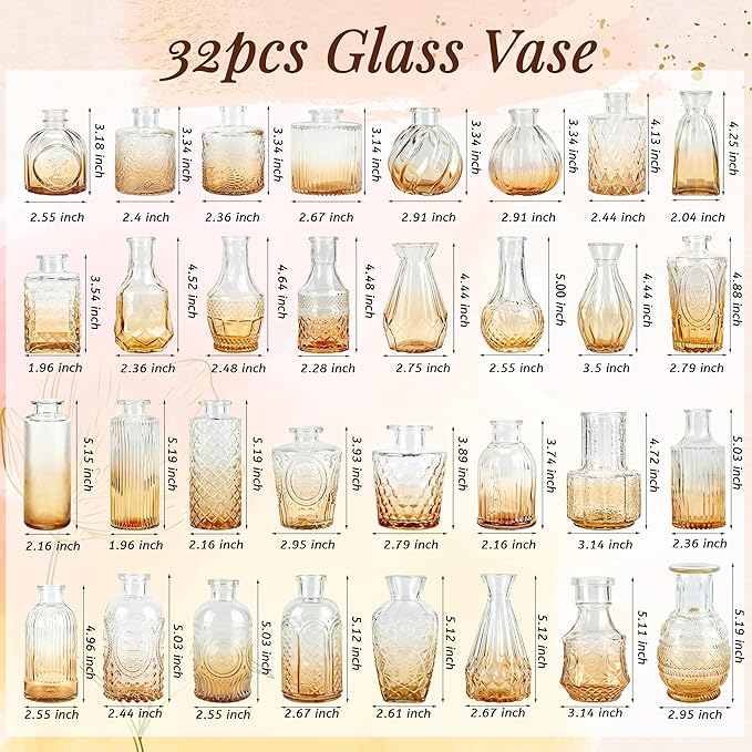 Der Rose Glass Bud Vases Set of 32 Small Amber Flower Vases for Rustic Wedding Centerpieces Table Decorations and Home Office Decor(Amber)