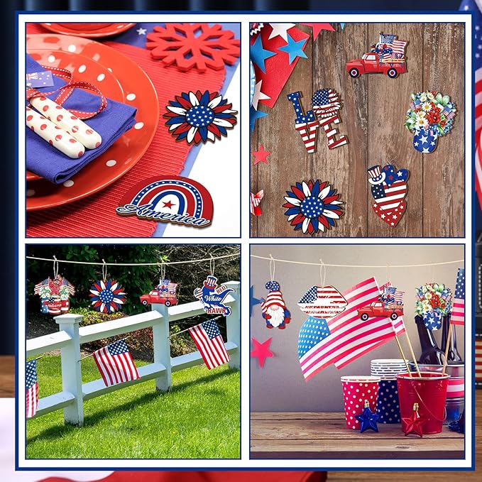 Sintuff 36 Pcs 4th of July Tree Decorations Patriotic Ornaments for Tree Independence Day Hanging Ornament Summer Red White Blue Wooden Decor for 250th Anniversary Memorial Day Party Supplies Crafts