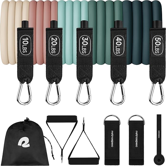 Retrospec Train Resistance Bands Set for Working Out - 5 Stackable Bands, Handles & Door Anchor - Portable Fitness Equipment for Physical Therapy & Yoga Includes Carry Bag