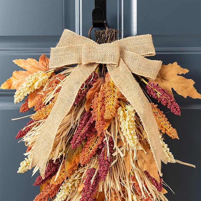 Glitzhome 2 Pcs 28'' Artificial Fall Teardrop Swags, Autumn Harvest Multi-Colored Sorghum Door Swag, Hanging Flower Wreath for Thanksgiving Fall Front Door Window Wall Decor
