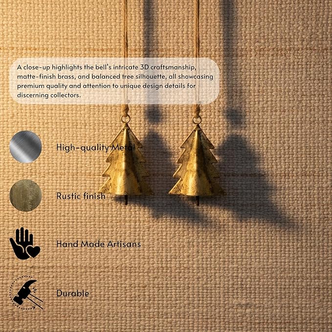 Rustic Iron Wall Accent – Set of 2 - Handmade Metal Hanging Décor with Rope - 3D Christmas Tree & Brass Hanging Bell for Indoor & Outdoor Walls (4" & 3")