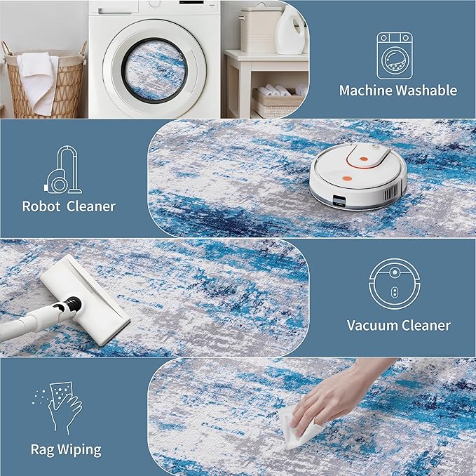 Ciicool Modern Abstract Area Rug 2x3 Washable Small Entryway Rugs, Non-Slip Low Pile Throw Rug, Foldable Kitchen Bathroom Rugs, Grey Blue Floor Carpet for Entrance Bedroom Indoor Doormat
