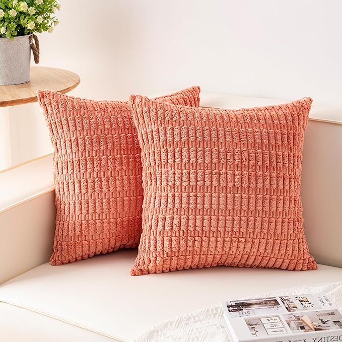 Aegero Pack of 2 Corduroy Decorative Throw Pillow Covers 18x18 InchSoft Boho Striped Pillow Covers Modern Farmhouse Home Decor for Sofa Living Room Couch Bed（Orange）