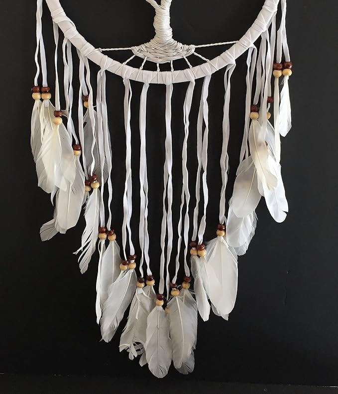 OMA Dream Catcher, Tree of Life Design with Feathers and Beads, White Suede Authentic Traditional Dream Catcher Boho Home Decor Bedroom Decoration Gift - Large Size - 36" Long x 11" Diameter (Brown)