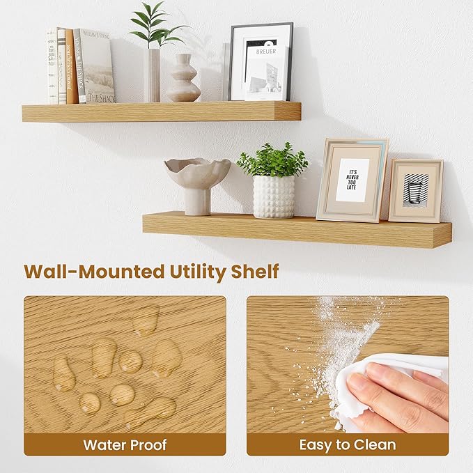 Fun Memories Bathroom Shelves 32 Inch Long Set of 2, Floating Shelves for Wall with Invisible Brackets, for Bedroom, Living Room, Kitchen, Oak