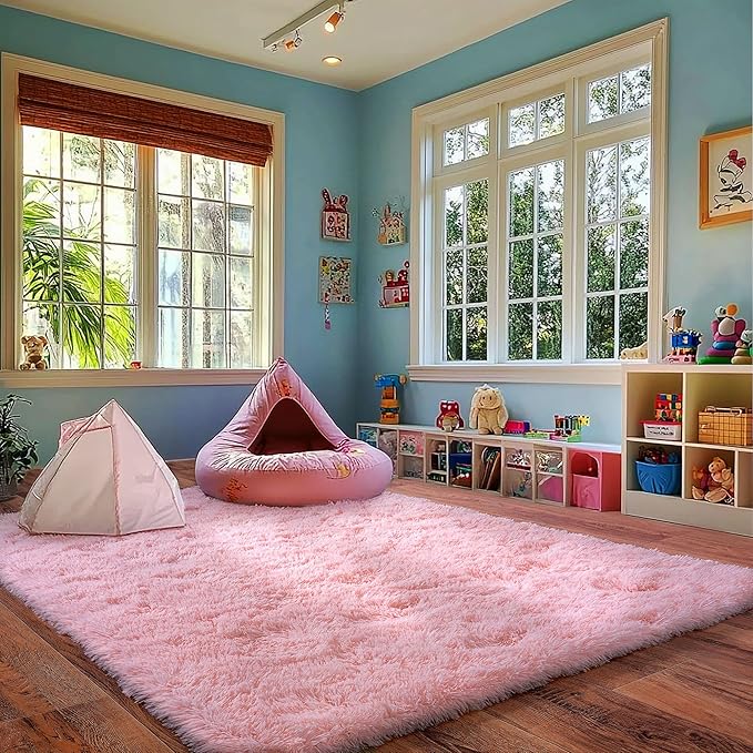Pink Rug for Girls Bedroom, 5x7 Area Rug for Cute Girls Room, Bedside Indoor Floor Fluffy Shag Carpet, Plush Soft Rug for Living Room Nursery Dorm Home Decor