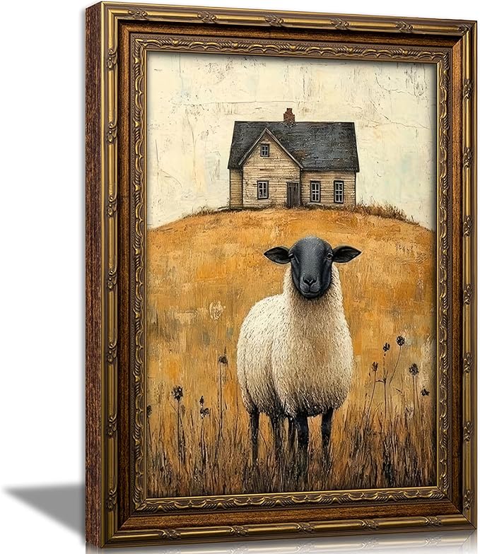 Vintage Gold Framed Wall Art Retro Country Sheep Oil Painting Canvas Prints Farmhouse Landscape Picture Wall Decor Rustic Farmhouse Animal Poster Artwork for Living Room Bedroom Bathroom, 12x16in