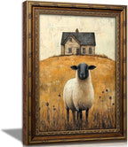 Vintage Gold Framed Wall Art Retro Country Sheep Oil Painting Canvas Prints Farmhouse Landscape Picture Wall Decor Rustic Farmhouse Animal Poster Artwork for Living Room Bedroom Bathroom, 12x16in