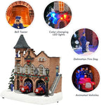 MOMENTS IN TIME Lighted Fire Station Christmas Village 12” Animated Building with LED Lights, 8 Classic Songs & Moving Fire Trucks Power Adapter Included Gift Ready Décor Holiday Display Piece