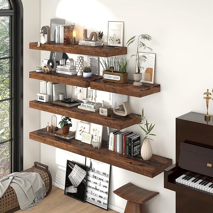 FLYJOE 24 Inch Long Floating Shelves for Wall Set of 2, 12" D Wood Grain Bathroom Shelves with Invisible Brackets, Easy Install Engineered Wood Storage Shelves for Kitchen, Living Room, Bedroom