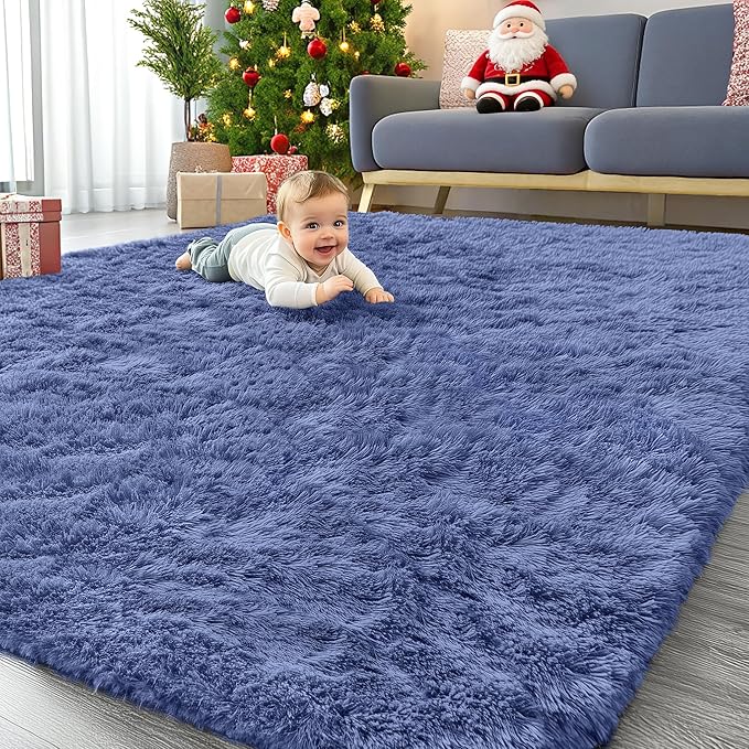 OLANLY 8x10 Machine Washable Large Area Rugs for Living Room, Bedroom, Soft Fluffy Shaggy Bedside Rug, Indoor Floor Carpet for Kids Girls and Boys, Dorms, Nursery, Home Decor Aesthetic, Denim Blue