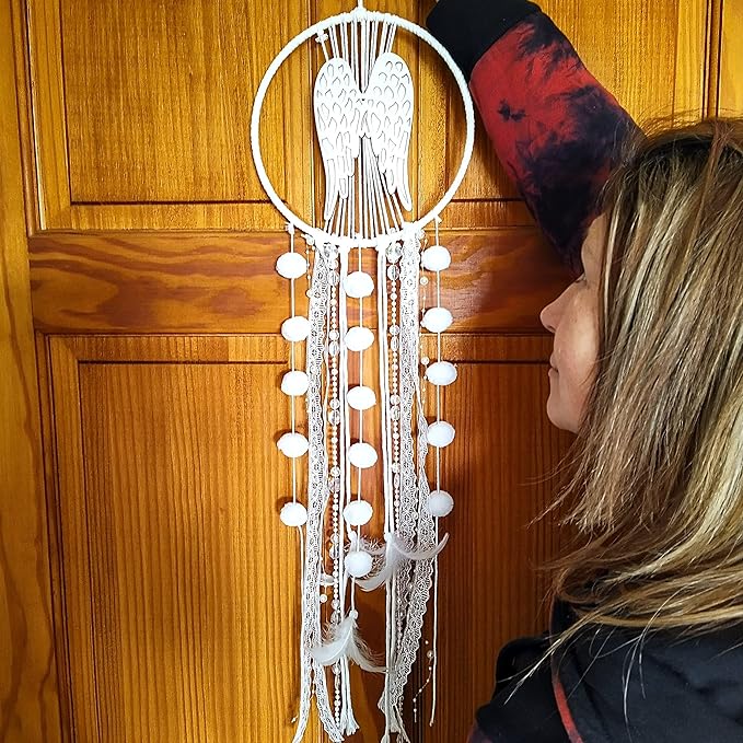 Angel Wings Dream Catchers, White Boho Cottagecore Decor, Wall Hanging Meditation Gifts, Hippie Zen Spiritual Yoga Decor for Bedroom or Nursery